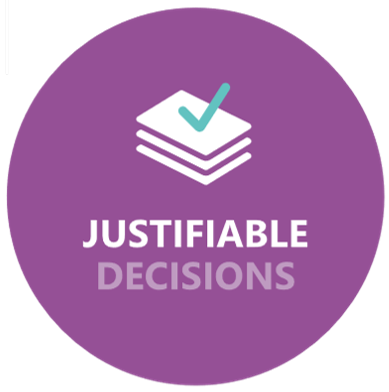 A LINQ graphic - purple circle with the words Justifiable Decisions under a stack of paper with a blue tick