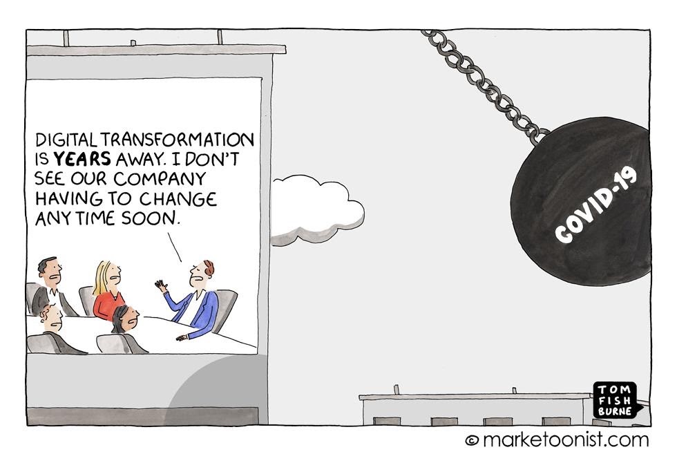 A cartoon showing people sat in an office talking about transformation being years away as a wrecking ball, labelled COVID-19 is about to smash into the building