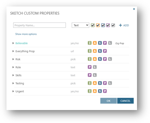 Custom Property dialogue in LINQ showing the mix of sketch and organisation custom properties