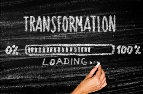 Chalk board image with the words Transformation Loading and a bar from 0 to 100% partially filled. Helps explain LINQ tech and how it can help a business